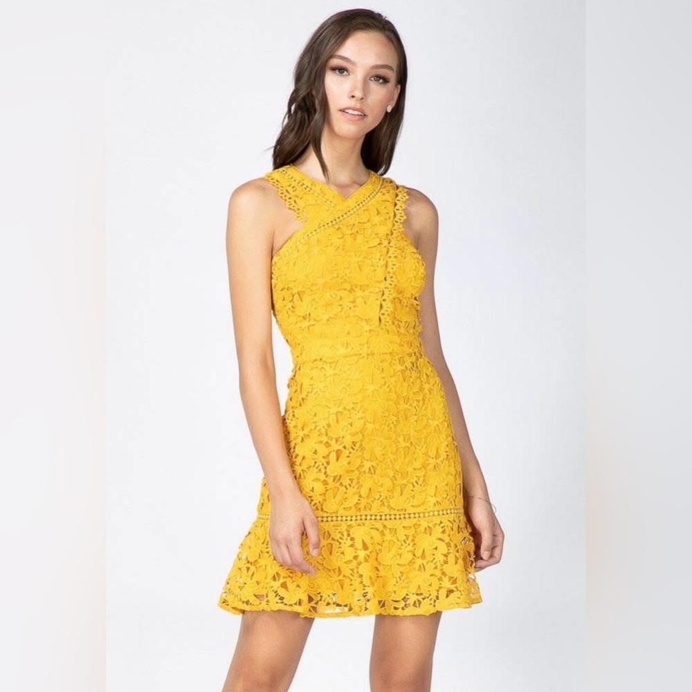 Adelyn Rae Mustard Yellow Lace Mini Dress